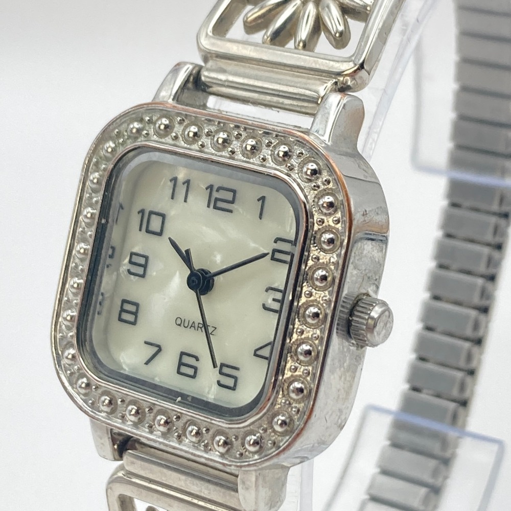 Modern Women's Watch 25mm Silver Tone Floral Stretch Band Crystals New Battery - Picture 4 of 14
